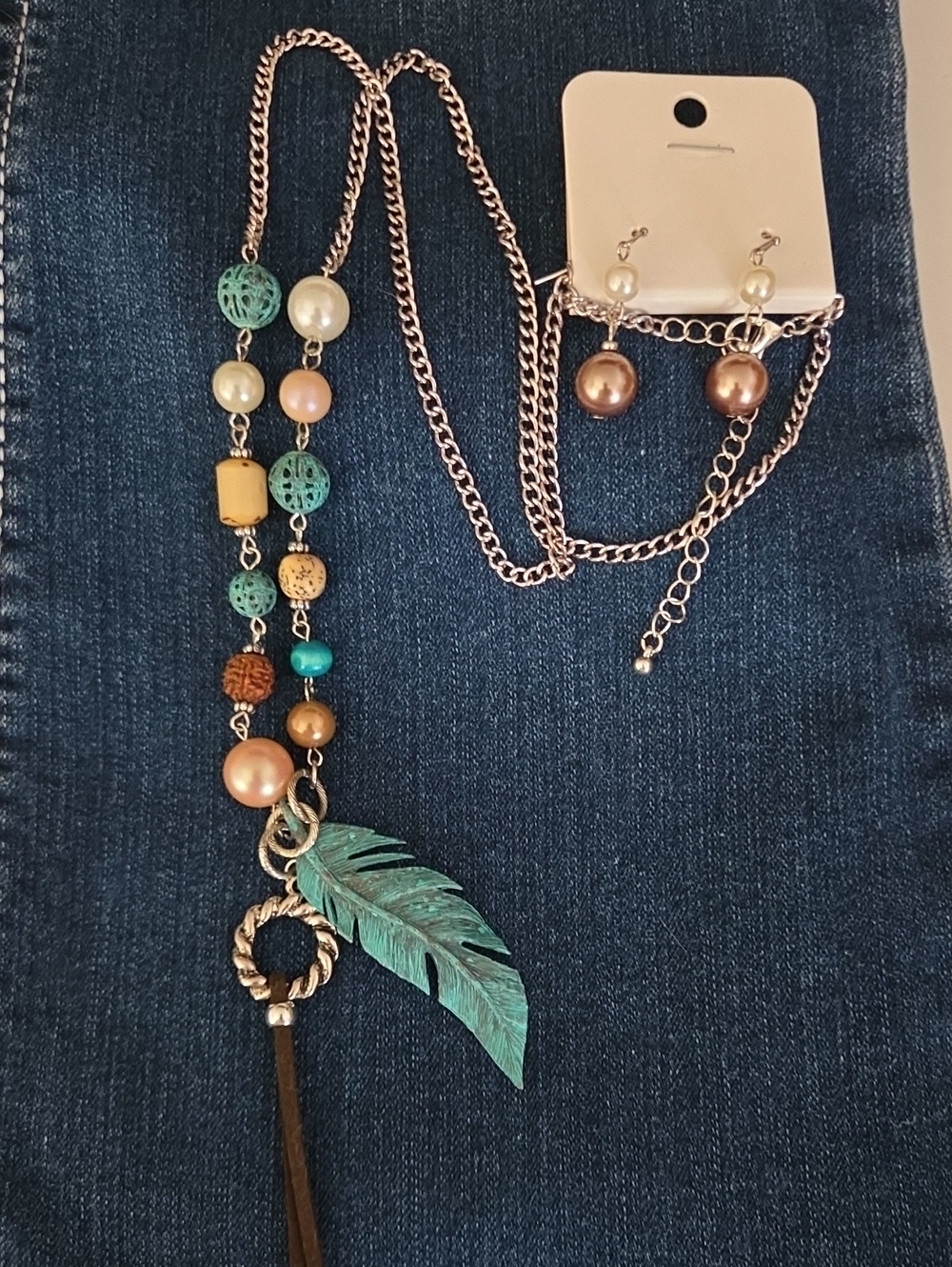 Boho Turquoise Feather Pendant Necklace and Pearl Drop Earring Set